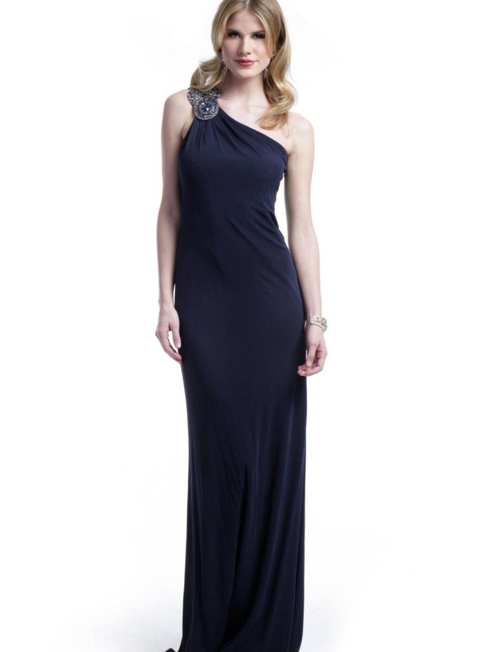 David Meister One-Shoulder Navy Evening Gown with Beaded Shoulder
